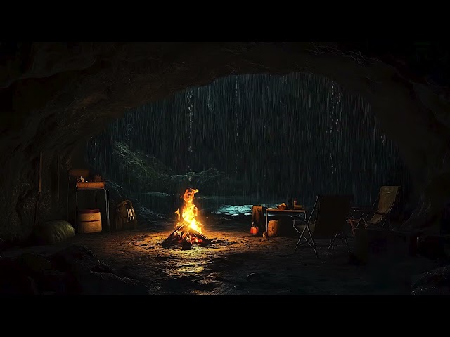 Sleep In Cozy Cave - Heavy Rain, Fireplace And Thunderstorm Sounds to Sleep Instantly