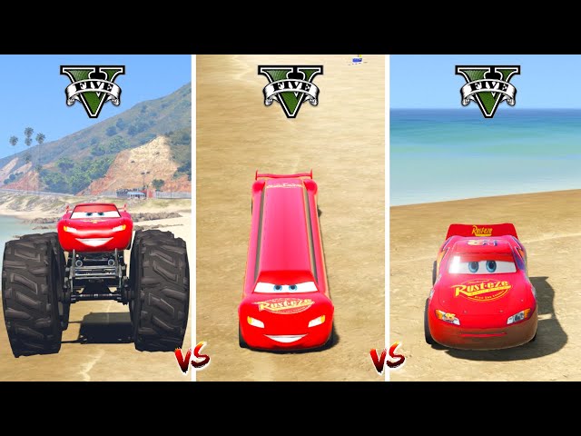 GTA 5 LONG LIGHTNING MCQUEEN vs BIG MONSTER TRUCK LIGHTNING MCQUEEN vs NORMAL MCQUEEN