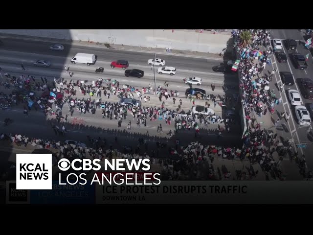 Police declare unlawful assembly as thousands converge on downtown LA for anti-ICE protests