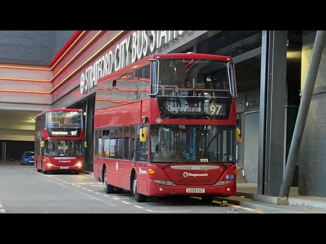 FRV. Stagecoach London Route 97. Stratford City - Chingford Stn. Scania Omnicity 15036 (LX58 CGY)