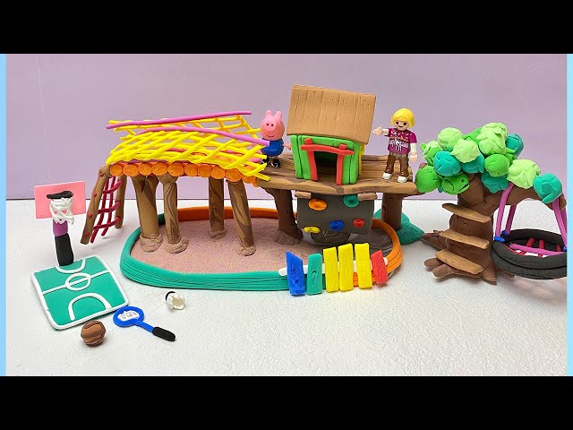 DIY How to Make miniature Polymer Clay Playground set with sand, tree, house, sports, rope net #ep28