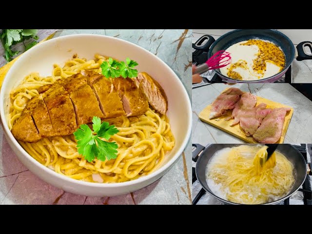 Creamy chicken Alfredo Pasta restaurant style/how to make fettuccine pasta at home@Mominahussain1