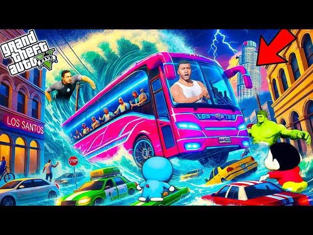 Franklin,Shinchan & Doraemon Faces Biggest Tsunami In GTA 5 | Tsunami Bus Journey gta 5