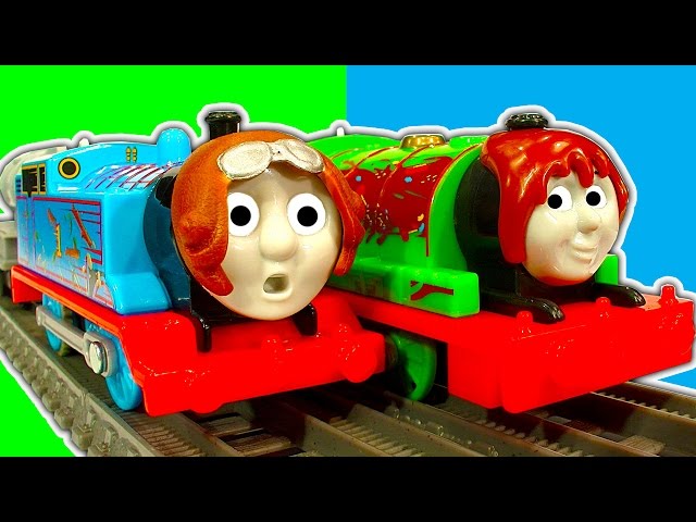 Thomas & Jet Engine Vs Percy Chocolate Crunch Trackmaster Toy Train Race & Crash