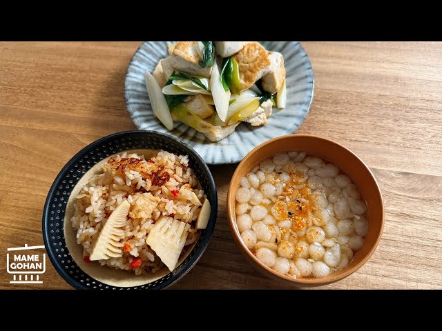 Stir-Fried Leek and Tofu / Bamboo Shoot Seasoned Rice / Tempura Flakes Miso Soup