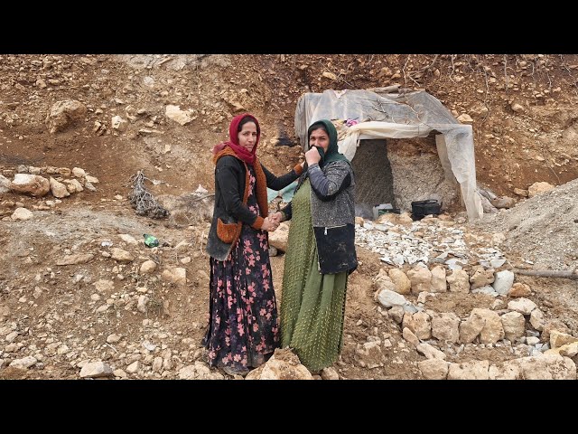 Separation of cave woman and displaced woman after heavy wind and rain