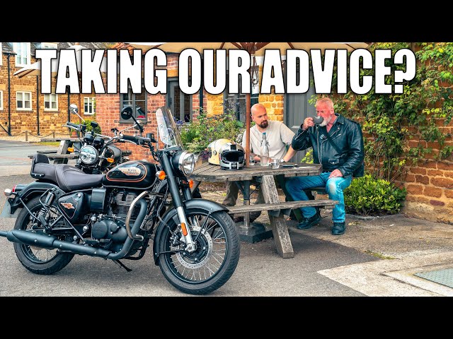 Here Because Of Us. 350 vs 650 Royal Enfield at an English Country Pub