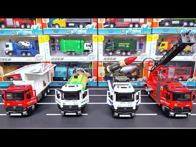 Diecast Trucks Of Wing Box Truck, Sprinkler Tank Truck, Flatbed Truck, Fire Truck