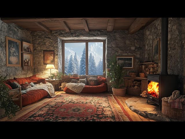 The warm wooden house at the foot of the snow capped mountain, accompanied by a warm fireplace