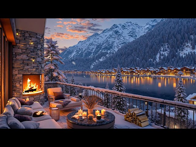 Relaxing Warm Jazz & Fireplace Warm❄️Cozy Winter Terrace Overlook a Snowy Village with Scenic Lake