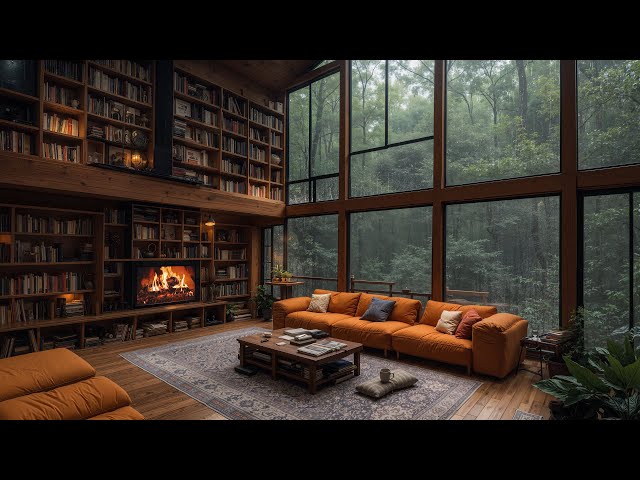 Rainy Jazz Music at Cozy Forest Living Room Ambience - Relaxing Jazz, Crackling Fireplace Sounds 🌧️🔥