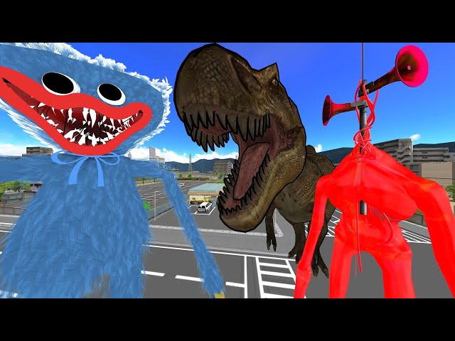 【VR180】Dinosaurs ＆ Siren Head  ＆ Huggy Wuggy  in Town