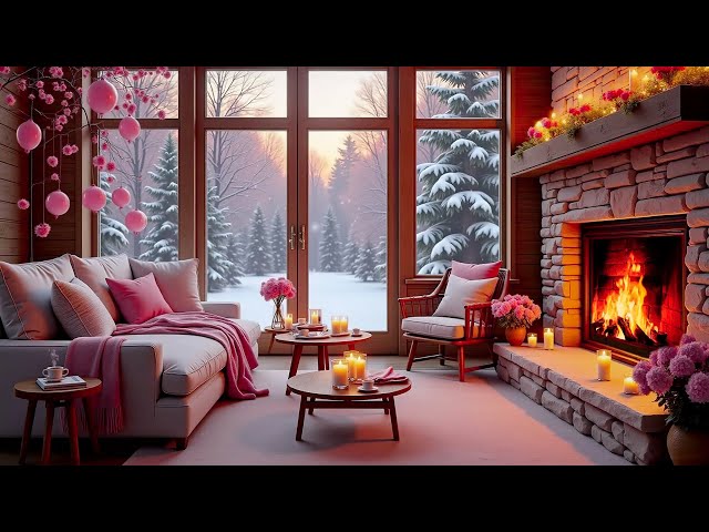 💖 Valentine's Day Cozy Ambience | Winter Living Room with Crackling Fireplace, Candles & Balloons