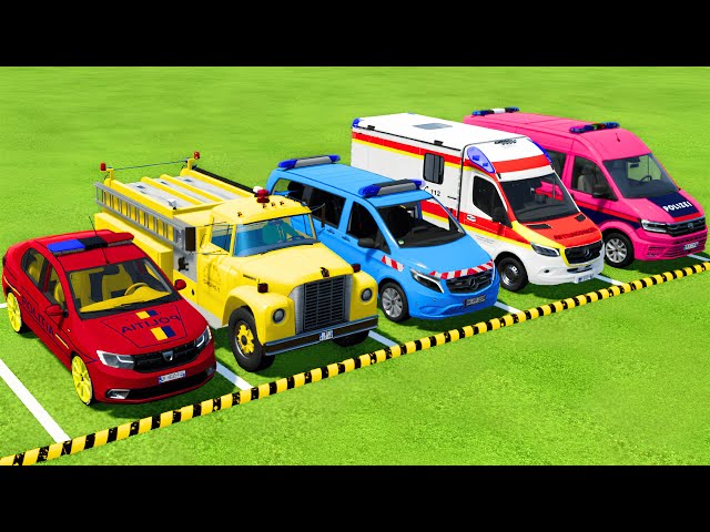 POLICE CARS, AMBULANCE, FIRE DEPARTMENT VEHICLES TRANSPORTING WITH TRUCKS ! Farming Simulator 22