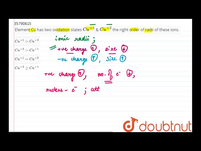 Element Cu has two oxidation states `Cu^(+1)` & `Cu^(+2)` the right order of radii of these ions.