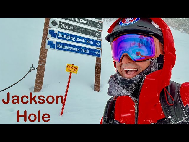 Powder day skiing the double blue Rendezvous Trail at Jackson Hole Wyoming in December 2024