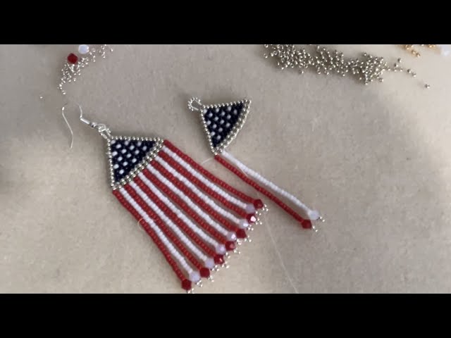 Tutorial American flag fringed earrings ,Miyuki seed bead & crystal stars & stripes handmade