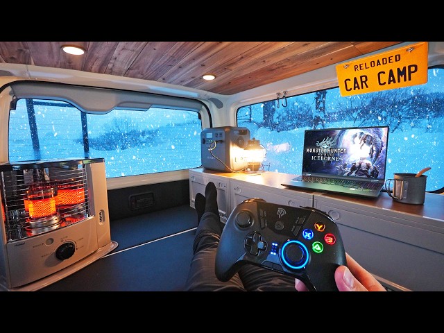 Gaming in Snow: A Cozy Van Escape in the Mountain.