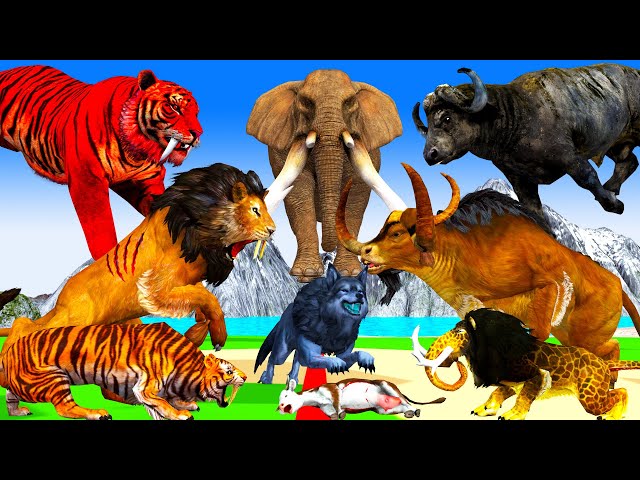 10 Zombie Lion Tigers vs Cow Cartoon Rescue Saved By Woolly Mammoth Elephant Giant Animal Fights