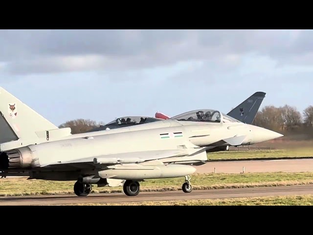 Chipmunk taxiing followed by two typhoons take offs QRA style climb with reheats on at RAF Coningsby