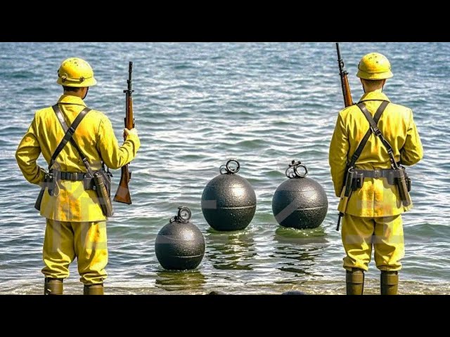 Anti-Japanese Film:Japanese troops approach the floating objects in the water,unaware they're mines.