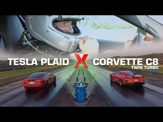 Tesla PLAID (1020hp) vs Twin Turbo C8 Corvette (1075hp) | Drag race challenge! (English Subtitles)