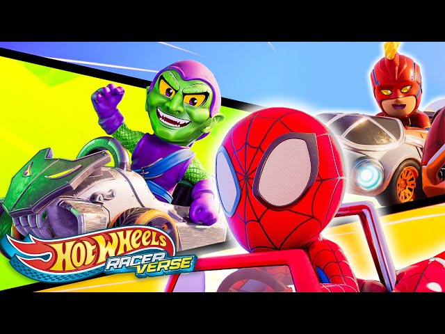 Spider-Man Car and Captain Marvel Car Race vs. Green Goblin Car! | Hot Wheels RacerVerse