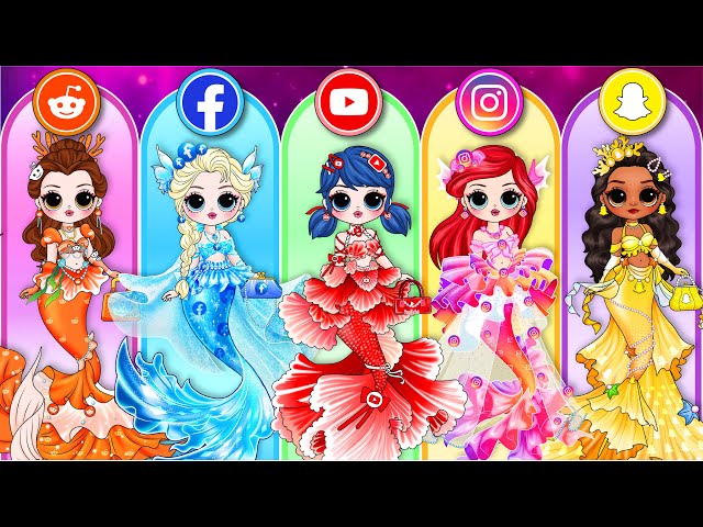 Social Media Mermaid Fashion For Disney Princess, Elsa & Ladybug | DIY Paper Dolls Fashion