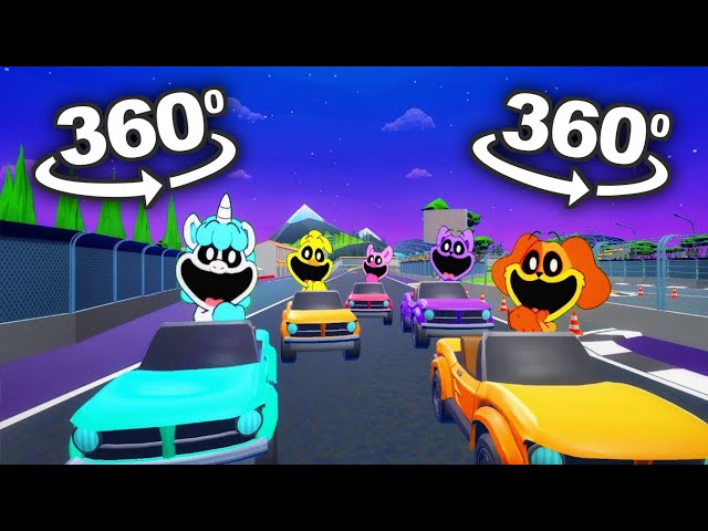 All Smiling Critters Dancing animation 360 video - CAR RACING | 4K VR 360 Video [CATNAP EDITION]