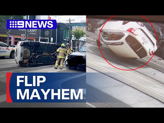 Two teens arrested after car crashes, rolls on busy inner-Melbourne street | 9 News Australia