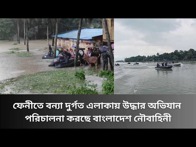 ফেনীতে ভয়াবহ বন্যা দুর্গত এলাকায় উদ্ধার অভিযান পরিচালনা করছে বাংলাদেশ নৌবাহিনীর ডুবুরী দল।