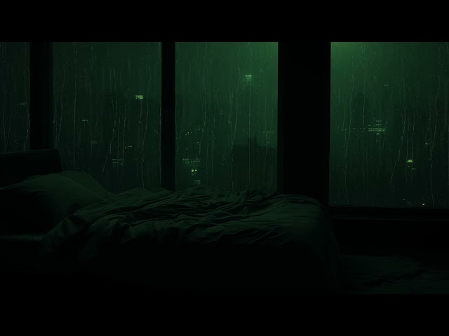 Night Rainfall Ambience for Deep Sleep in a Serene Bedroom Facing a Mysterious Green City