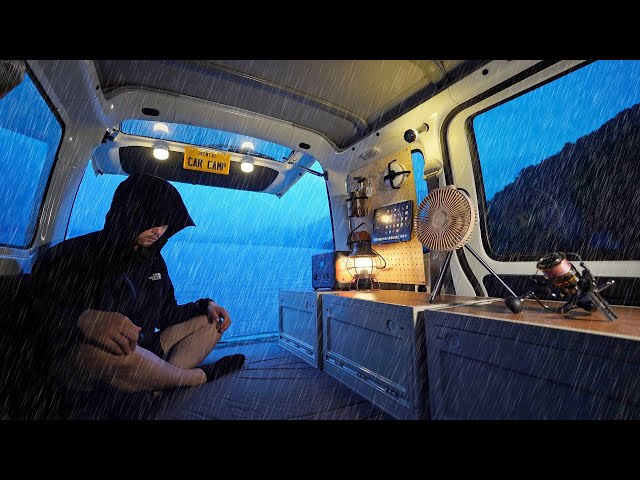 SOLO CAR CAMPING in RAIN [lakeside, cozy small van, fishing]