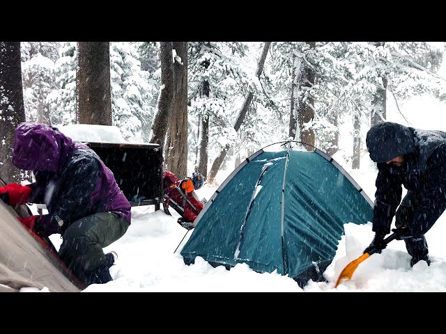 Winter Camping In A Snow Storm - 4K - Lake Tahoe, California