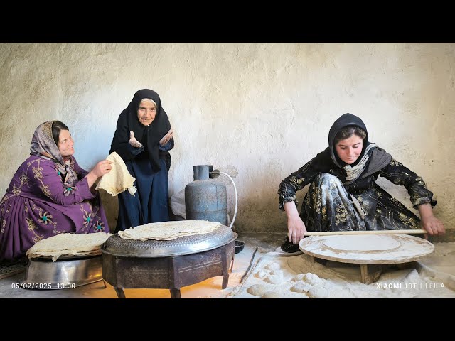 Baking local bread with the love of the girls to the grandmother in the beautiful village