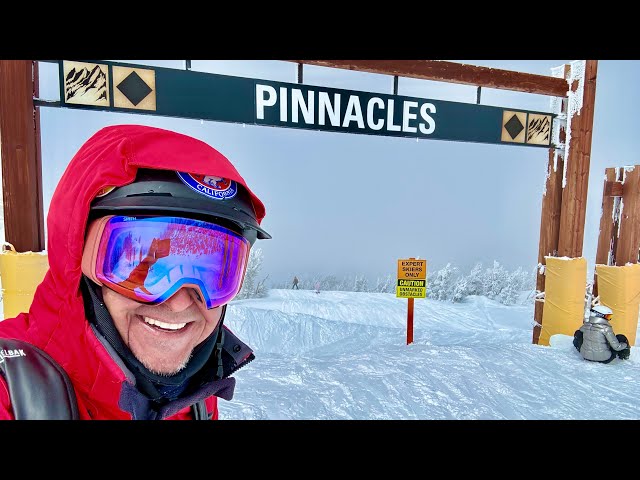 Powder tree skiing the black diamond Pinnacles at Heavenly Lake Tahoe in March 2024