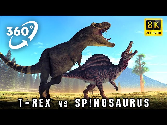 VR 360 Dinosaur fight T-REX VS SPINOSAURUS | DINO BATTLE IN VIRTUAL REALITY video