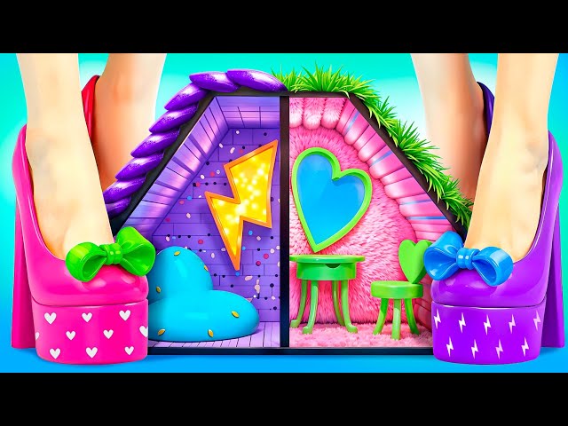 Barbie vs Bratz! One Color Tiny House Challenge! Pink Vs Dark