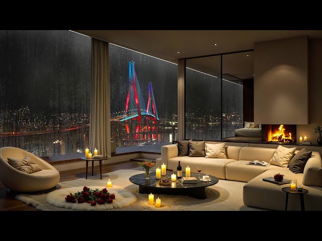 🌧️ Rainy Night in Cozy Apartment with Smooth Jazz Music & Gentle Rain Sounds for Relaxation