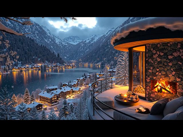 Cozy Winter Evenings ~ Snowy Terrace Retreat with Warm Firelight, Soft Jazz & Peaceful Mountain View