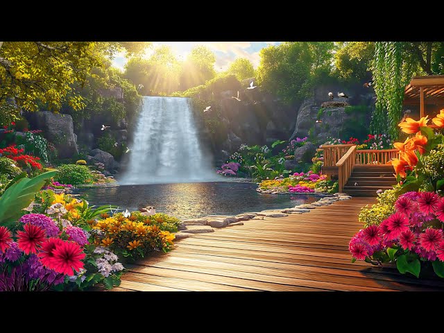 Morning Lakeside Ambience🌷Flower Garden, Waterfall Sounds & Birds for a Comfortable