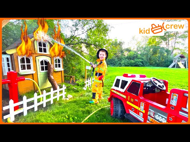 Firefighter rescue with kids power wheel fire truck. Educational how fire trucks work | Kid Crew