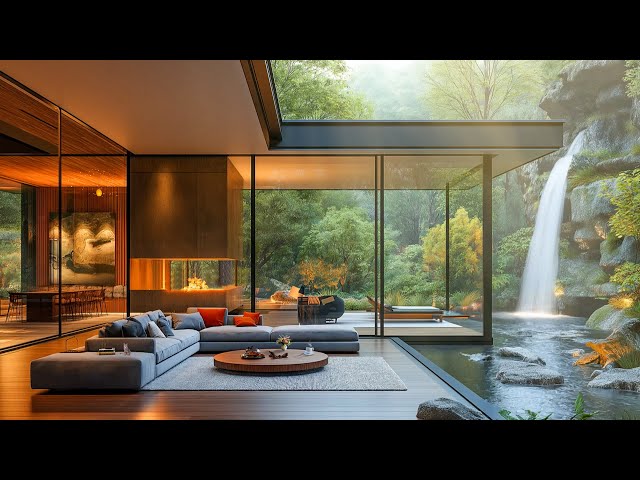 Cozy Jazz & Nature Sounds 🌿 Tranquil Forest Living Room with Fireplace & Waterfall for Stress Relief