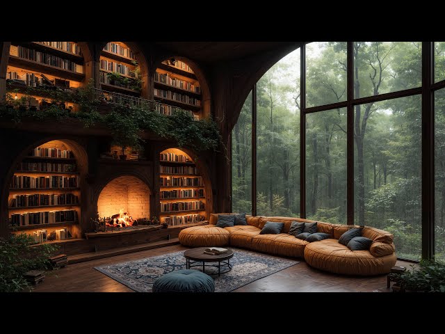 Rainy Cozy Living Room Ambience with Jazz Relaxing Music ⛈️ Gentle Rain & Crackling Fireplace Sounds