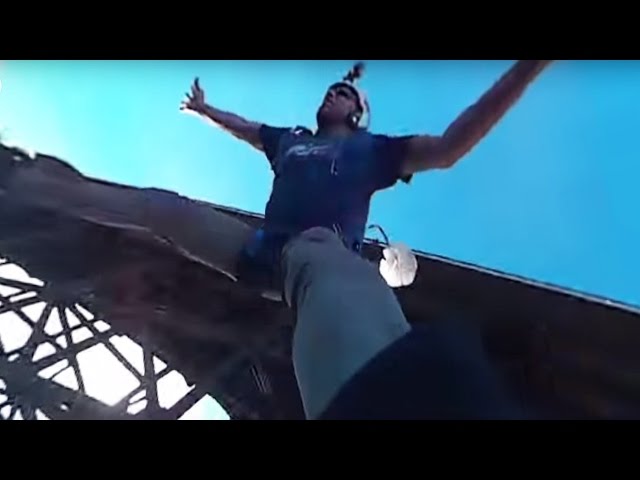 #360 cam Psychedelic view from a foot on a Bridge BASE jump.