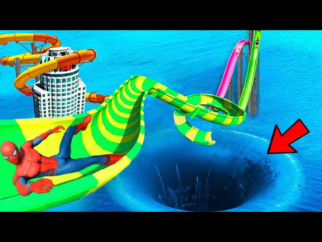 New Water Slides in GTA 5 : Spider-Man vs Sharks in whirlpool  (Ragdolls)