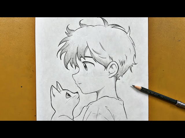 Easy cute drawing | How to draw a boy holding a cat step-by-step | Drawing tutorial