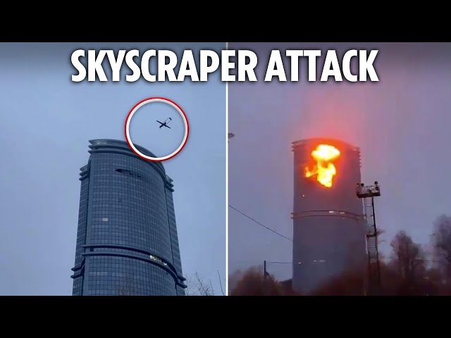 Moment plane drones hit Russian tower blocks in mass attack triggering giant explosions