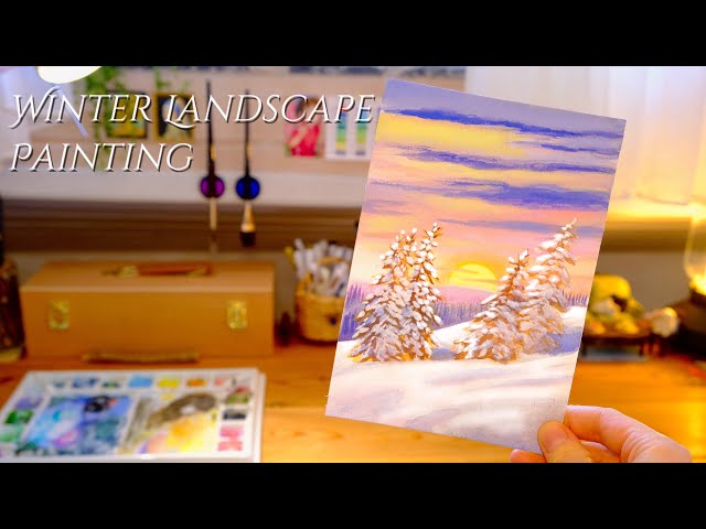 Easy Winter Landscape Drawing Tutorial | Step-by-Step Gouache Painting❄️