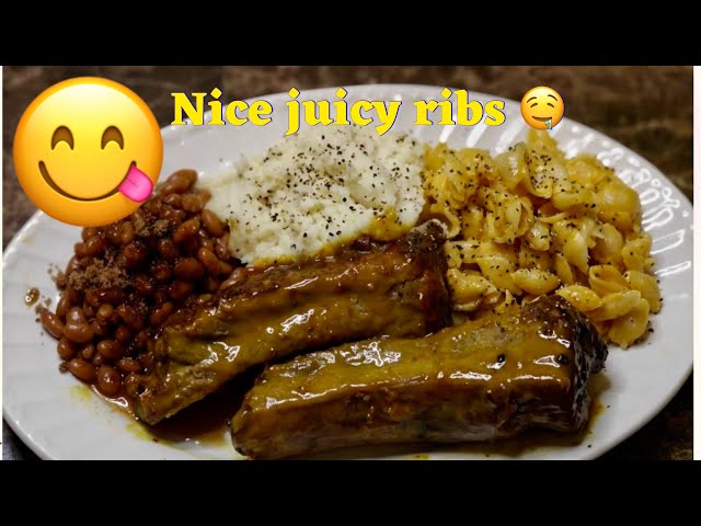 Cook with  me : sweet golden Mustard Ribs Mac & Cheese, Baked Beans, Mashed Potatoes"😋